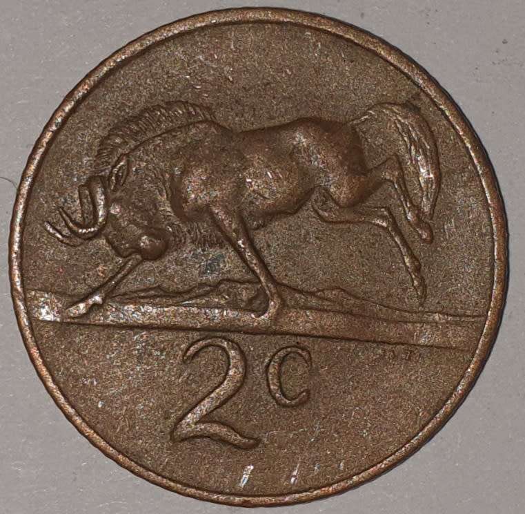 1977 - 2 CENT COIN (TWO CENT COIN) - RSA - BRONZE - KM#83 - BILINGUAL LEGEND - WILDEBEEST